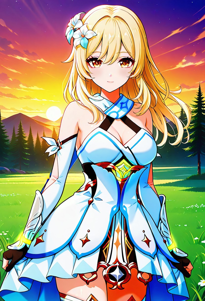 absurdres, best quality, masterpiece, amazing quality, highres, newest, detailed, source anime, anime coloring, beautiful, fantasy, outdoors, 
BREAK
1girl, solo, KijHyou, brown eyes, blonde hair, long hair,, wavy hair, light smile, light blush, looking at viewer,
BREAK
cosplay, lumine \(genshin impact\) \(Cosplay\)
