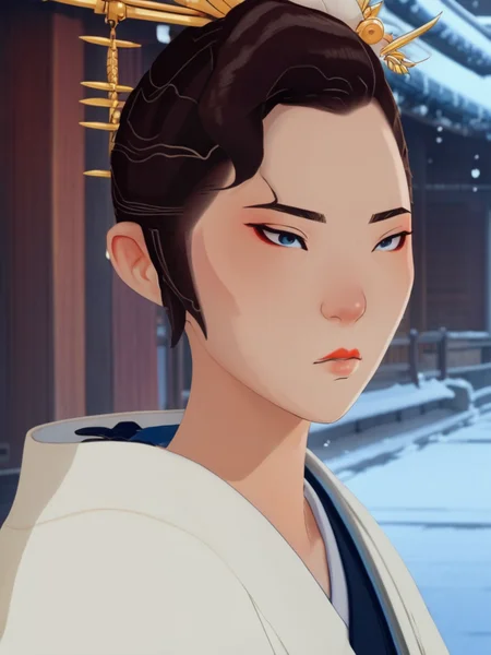 full color drawing of Mizu, woman,adorned in a white homongi, empty street, Edo period, closeup, epic character composition,by ilya kuvshinov, manon bailly, drawing <lora:BlueEyeSamurai:1> <lora:epiNoiseoffset_v2:1>