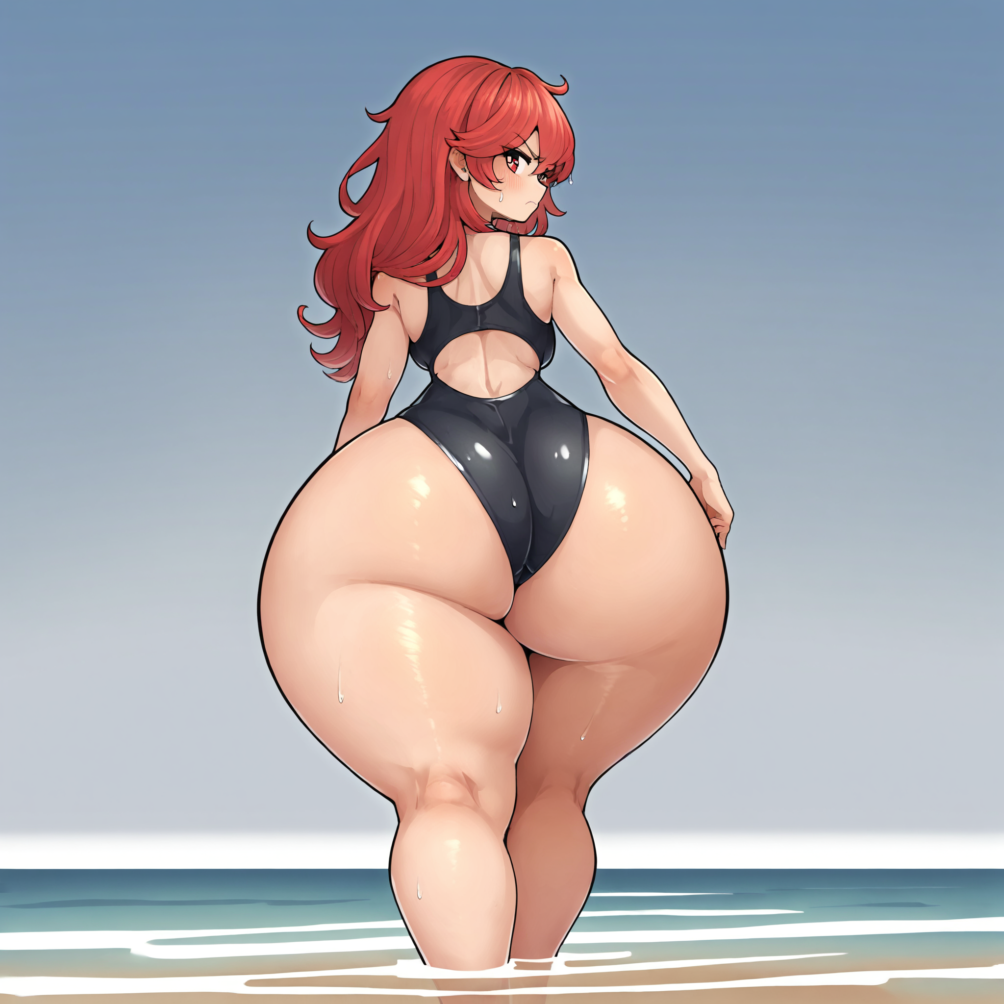 (masterpiece), best quality, (highly detailed), score_9, score_8_up, score_7_up, score_6_up, score_5_up, 1female, <lora:490_style:0.8>,  beach, from behind, black swimsuit, single piece swimsuit, gigantic ass, red hair, long hair, red eyes, looking back, annoyed expression, wide hips, standing, ocean, wet,