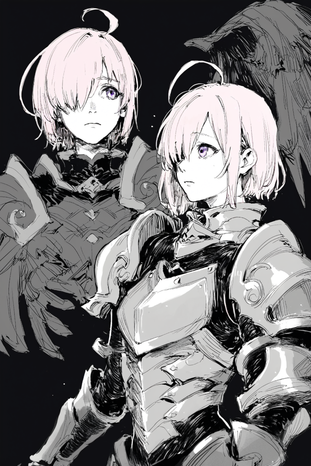 score_9, score_8_up, score_7_up, mash kyrielight fate/grand order, ahoge, armor, armored leotard, bare shoulders, black armor, pink hair, purple eyes, vambraces, solo, solo focus, portrait, dark,wide shot, black background, Standing with one hand touching the chin, looking thoughtful, <lora:godiva_bw:1>, (monochrome:1.5), (greyscale:1.5)
