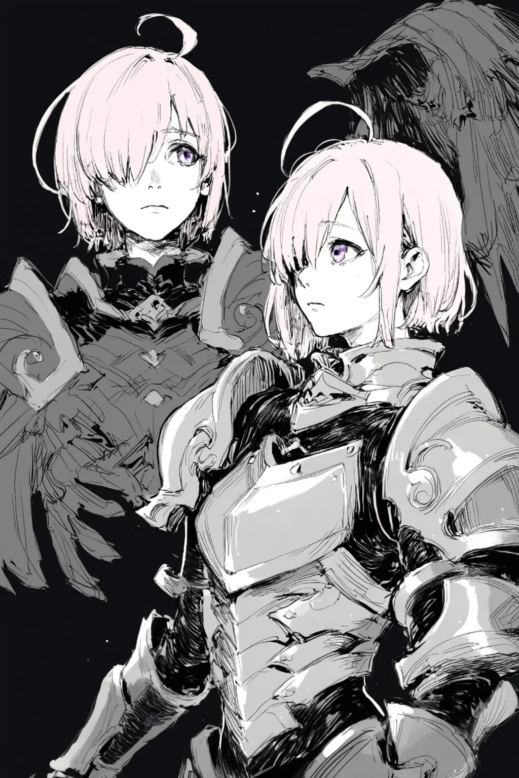 score_9, score_8_up, score_7_up, mash kyrielight fate/grand order, ahoge, armor, armored leotard, bare shoulders, black armor, pink hair, purple eyes, vambraces, solo, solo focus, portrait, dark,wide shot, black background, Standing with one hand touching the chin, looking thoughtful, <lora:godiva_bw:1>, (monochrome:1.5), (greyscale:1.5)