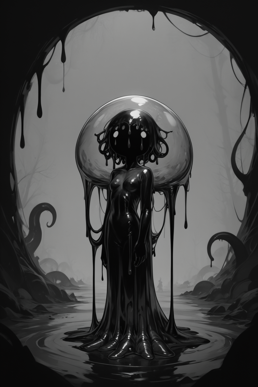 score_9, score_8_up, score_7_up, score_6_up, score_5_up, score_4_up, <lora:GRIM_v1:1>  greyscale, monochrome, limited palette, horror (theme), eldritch abomination, chaotic, silhouette,, <lora:wizardslimev15-t:1> wizardslimus, slime skin, transparent head, transparent body, transparent hair, transparent face, transparent, slime girl