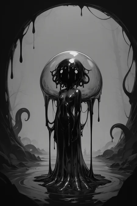 score_9, score_8_up, score_7_up, score_6_up, score_5_up, score_4_up, <lora:GRIM_v1:1> greyscale, monochrome, limited palette, horror (theme), eldritch abomination, chaotic, silhouette,, <lora:wizardslimev15-t:1> wizardslimus, slime skin, transparent head, transparent body, transparent hair, transparent face, transparent, slime girl