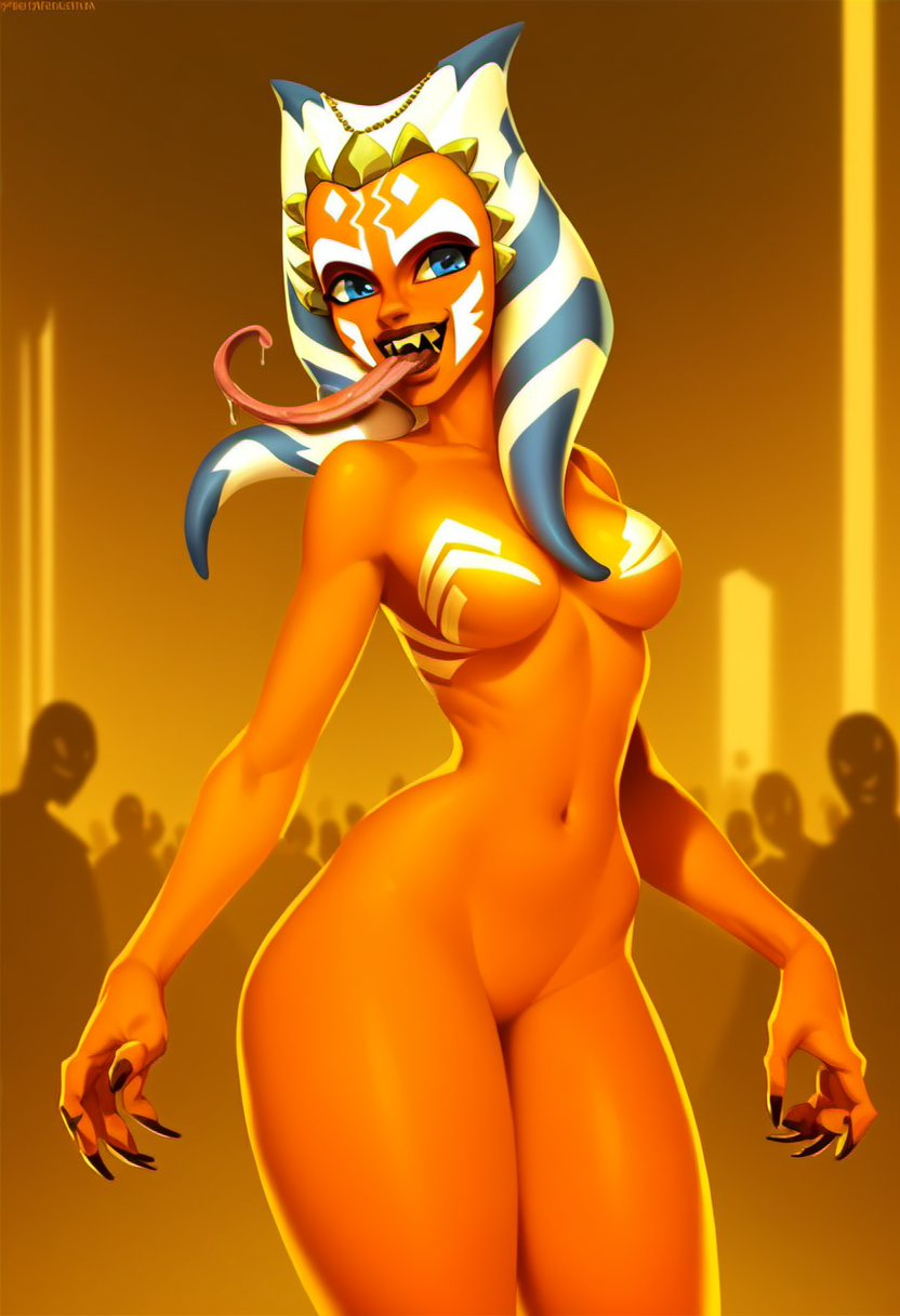 source_cartoon, rating_safe, <lora:SymbioteWomen_for_PonyXL:1>, symbiette, breasts, ahsoka tano, orange symbiote, fully covered, solo, tongue, teeth, tongue out, open mouth, sharp teeth, claws, long tongue, thick thighs, saliva, standing, standing on the bridge of a futuristic starship, in front of a crowd, score_9, score_8_up, score_7_up, score_6_up, score_5_up, score_4_up