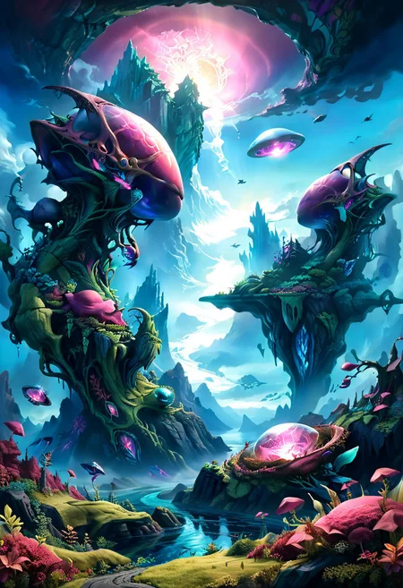 Hyper-realistic alien landscape featuring a vast crystal forest with towering, a greenish coloring of plant life and large hills and smallish mountains like the Scottish highlands. . castle, The sky is a swirling mix of deep indigo and bright magenta, with two suns setting on the horizon. bioluminescent plants line the riverbanks.A flying ship, is flying high up in the sky Extreme detail, 8K resolution, photorealistic textures, cinematic lighting, depth of field.