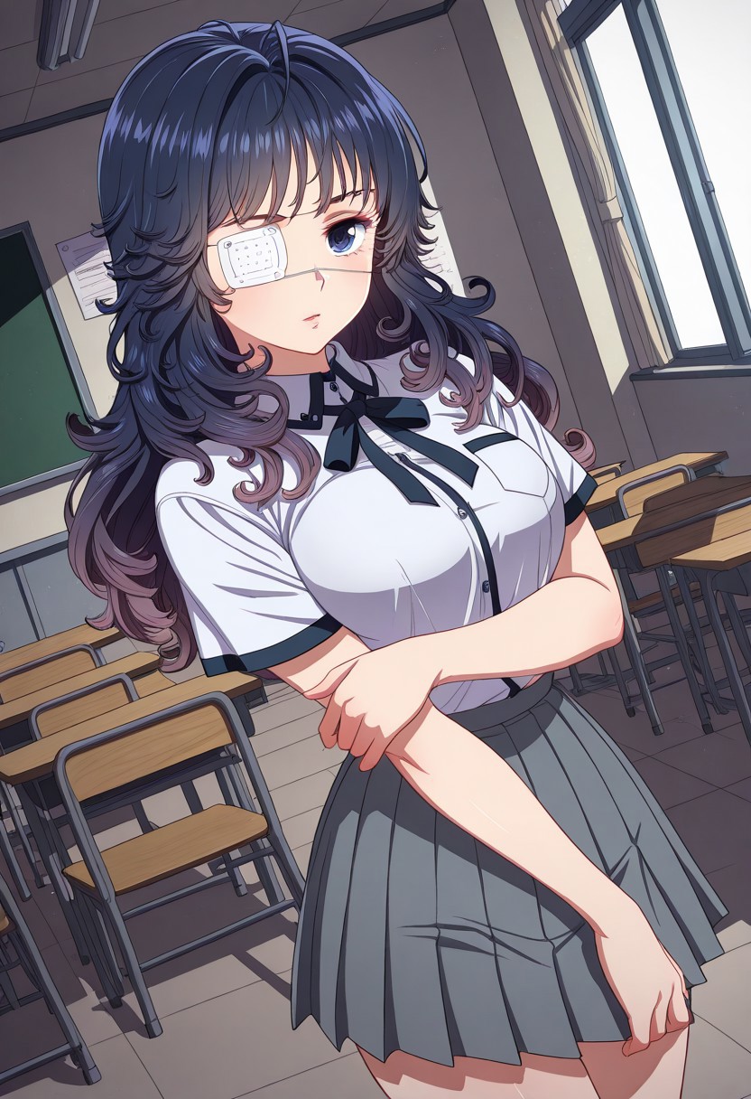 incredibly absurdres,masterpiece,absurdres,high quality,anime coloring,volumetric light,(very aesthetic),indoors,classroom,dutch angle,cowboy shot, BREAK 1girl,acai ko b,solo,eyepatch,white eyepatch,blue eyes,long hair,multicolored hair,bangs,black hair,blue hair,breasts,school uniform,ribbon,neck ribbon,pleated skirt,socks,sandals,standing,posing,upper body,looking at viewer