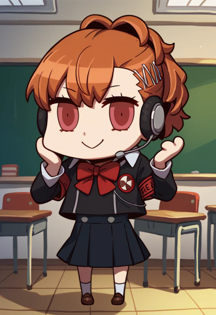score_9, score_8_up, score_7_up, chibi, april fools, solo, 1girl, shiomi kotone, smile, standing, hairclip, gekkoukan high school uniform, black jacket, red bow, armband, long sleeves, black skirt, headphones, digital media player, indoors, classroom <lora:style_fgoaprilfools_ponyXL:1.1> <lora:persona3_shiomi_ponyXL:0.85>