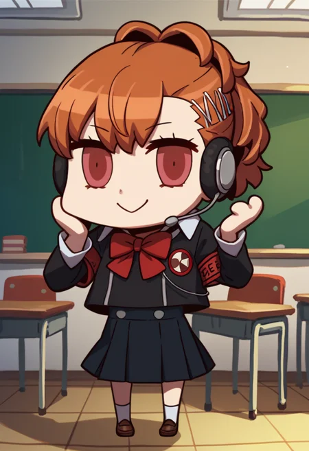 score_9, score_8_up, score_7_up, chibi, april fools, solo, 1girl, shiomi kotone, smile, standing, hairclip, gekkoukan high school uniform, black jacket, red bow, armband, long sleeves, black skirt, headphones, digital media player, indoors, classroom <lora:style_fgoaprilfools_ponyXL:1.1> <lora:persona3_shiomi_ponyXL:0.85>