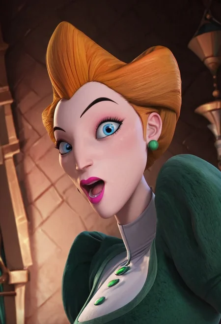 frieda (hna green dress), 1girl, redhead, orange hair, pompadour hair, makeup, makeup, lipstick, pink lips, blue eyes, jewelry, green earrings, thin body, choker, dress, green dress, white collar, score_8_up, score_7_up, BREAK, 1girl, solo, looking at viewer, closeup, fear, opened mouth, wide eyed, female focus, looking at viewer, castle background, detailed background, 4k, masterpiece, best quality, highly detailed, realistic, 3d, Expressiveh