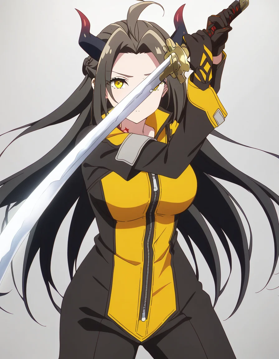 masterpiece, best quality, newest, absurdres, highres, safe,, <lora:overlord-albedo-s1s2-ponyxl-lora-nochekaiser:1>, albedo, ahoge, black hair, horns, long hair, yellow eyes, large breasts, anime screencap, <lora:sword-guard-stance-illustriousxl-lora-nochekaiser:1>, sword guard stance, sword, weapon, solo, katana, holding, holding weapon, holding sword, looking at viewer, jumpsuit, yellow jumpsuit, high collar, cowboy shot, pants,, ,