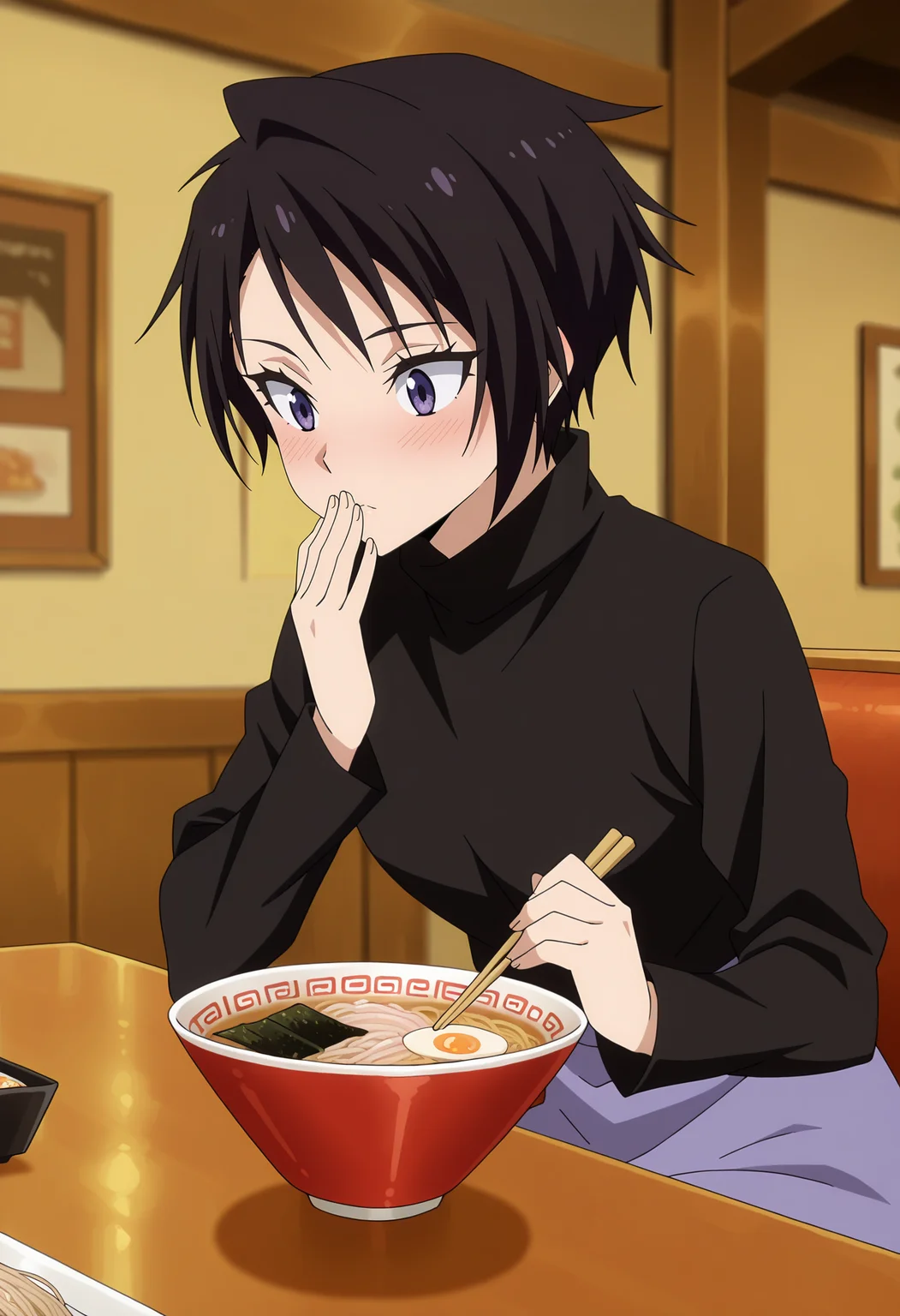 anime screencap, masterpiece, best quality,
<lora:TenSura_SakaguchiHinata_IlluXL:0.9>,
1girl, solo, closed mouth, blush, hand to mouth,
short hair, black hair, purple eyes,
turtleneck shirt, black shirt, long sleeves, purple skirt,
holding chopsticks, ramen,
sitting,
indoors, restaurant, table, medieval, blurry background