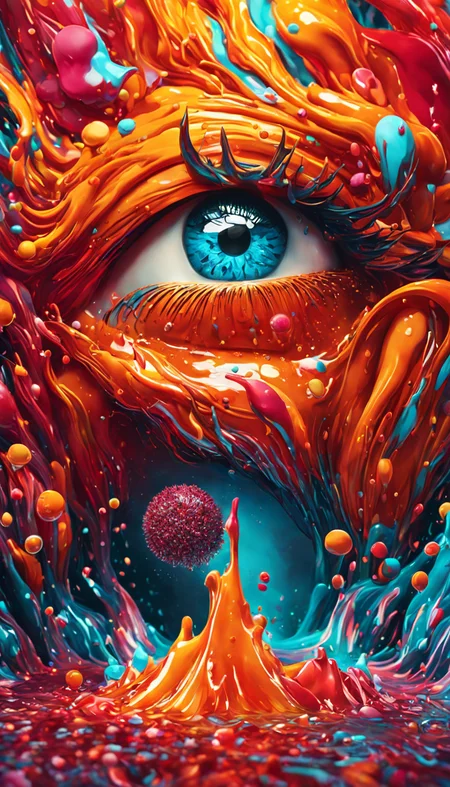 ultra detailed artistic abstract photography of liquid lust, detailed captivating eyes on molten statue, asymmetrical, gooey liquid hair, color exploding lips, highly refractive skin, Digital painting, colorful, volumetric lighting, 8k, by Cyril Rolando, by artgerm, Trending on Artstation, 16k resolution, 300 dpi, 600 dpi, 4k, Contest winner, High definition, detailed, realistic, 8k uhd, high quality