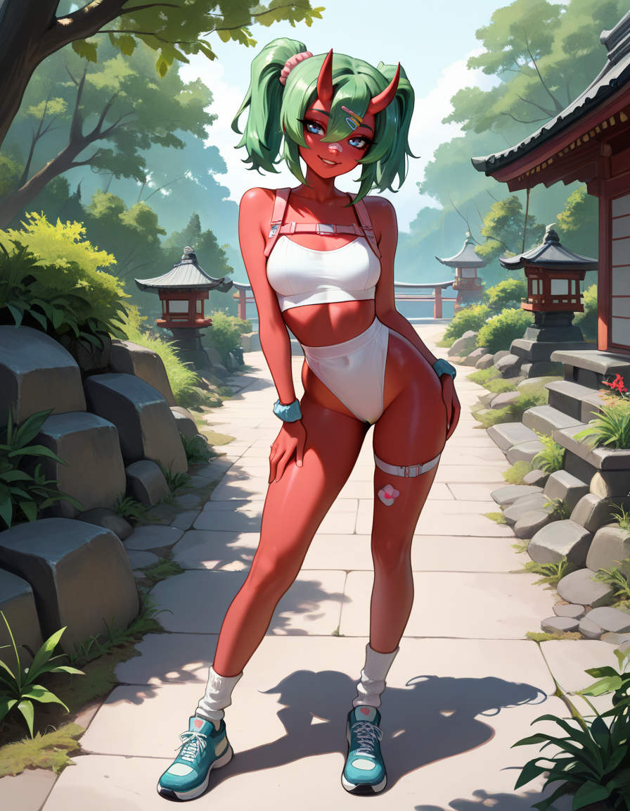 masterpiece, best quality, very aesthetic, absurdres,
outdoors,
full body, standing, posing, 
seductive smile, parted lips, long eyelashes,
 <lora:Nemia_v01_NAIXL:1>,
N4m14,1girl,solo,green hair,oni horns,twintails,hair ornament,hairclip,hair between eyes,blue eyes,bandaid on face,colored skin,red skin,
