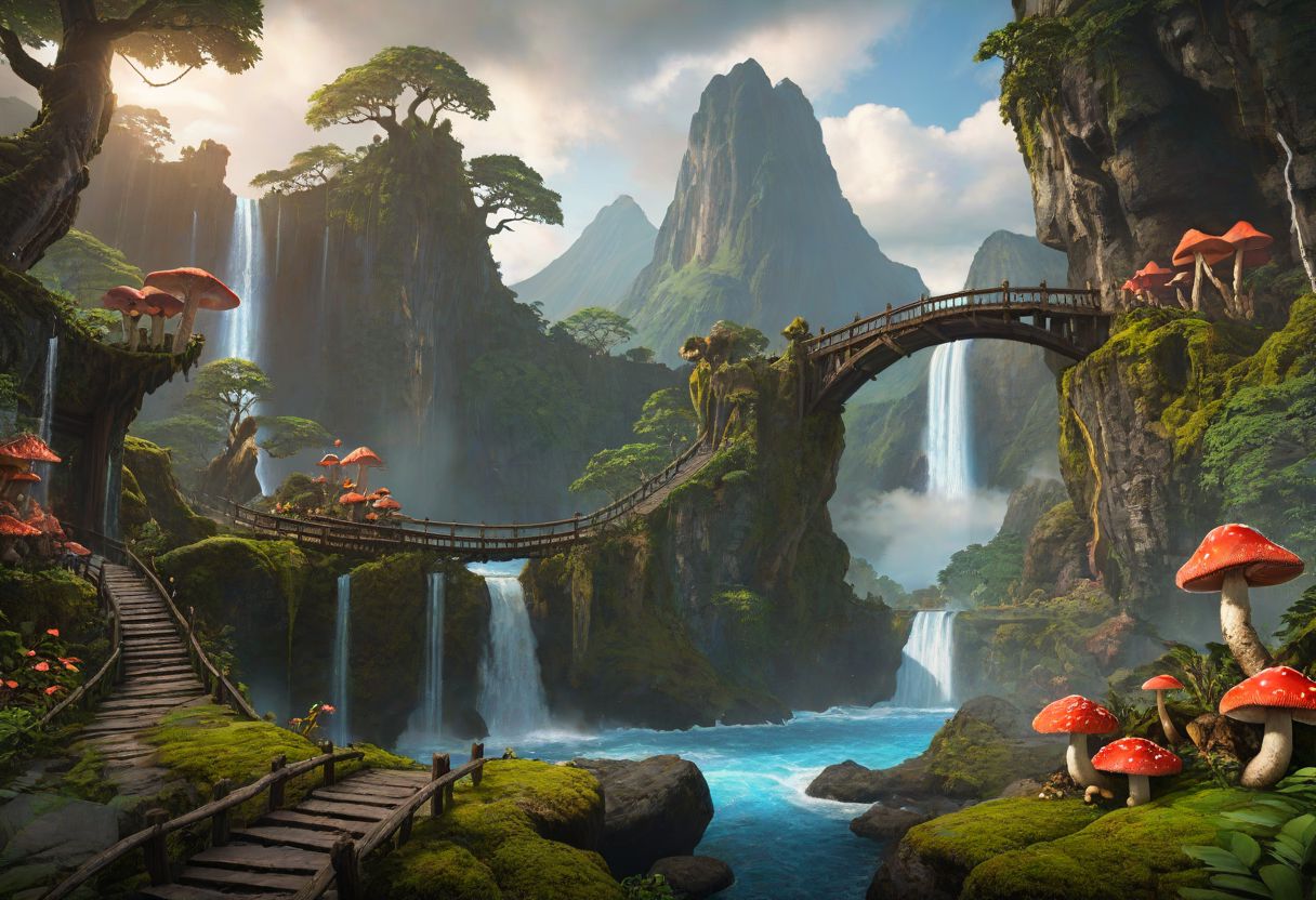 masterpiece, best quality, ultra detailed, professional light, cinematic lighting, ambient lighting, atmospheric effects, photorealistic, epic landscape, high fantasy, waterfall, mountains, cliff, one bridge, (Kintsugi style path), clouds, high trees, large trees, weird trees, colorful mushrooms, jungle.
Right side lava. Left side water.