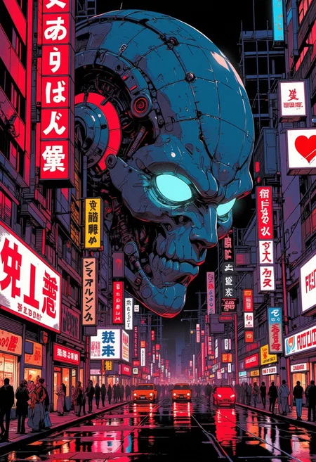 neon cityscape with giant robot head in the style of ghost in the shell, Hajime Sorayama, anime aesthetic, vaporwave, cyberpunk setting, japanese signs and billboards, high contrast, hyper realistic, reflections, cinematic, retrofuturism, at night, red lights and neon lights