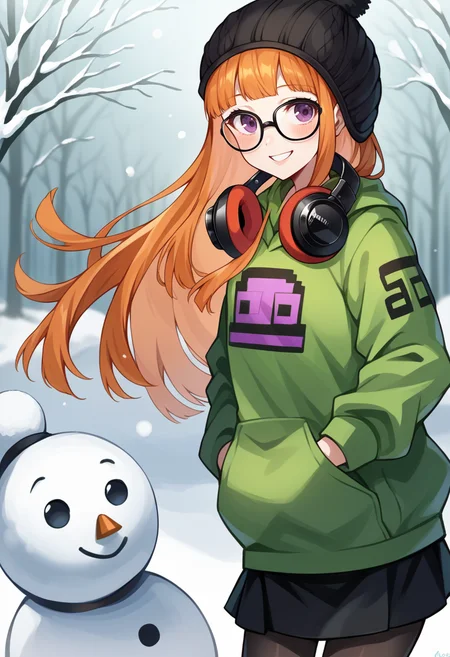 score_9, score_8_up, score_7_up, source_anime BREAK 1girl, solo,  <lora:zs_FutabaXL:1> futabawinter, orange hair, long hair, blunt bangs, glasses, headphones around neck, black beanie, green hoodie, black skirt, black pantyhose, purple eyes
cowboy shot, smile, snow, smile, snowman, looking at viewer, blush, hands in pockets