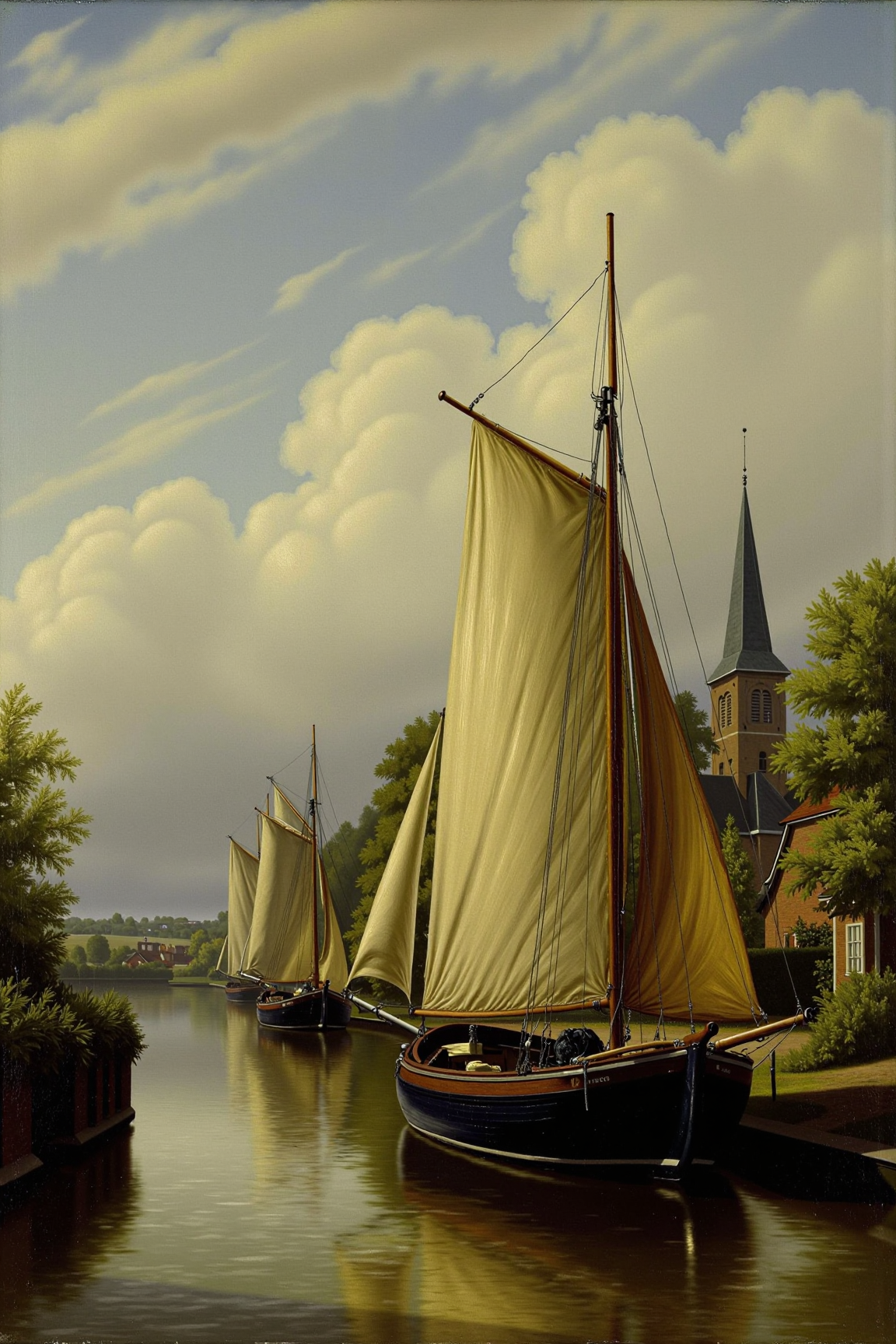 yfg-P@int by a dutch master painter, Landscape painting of a serene Dutch canal scene in soft natural light, captured with a Rembrandt style and a large, flat brush. Set the stroke to heavy for deep texture effect. The composition should focus on centered placement of the sailboats and use the rule of thirds for the church steeple in the background. Set the color balance to warm tones with a slight emphasis on golden hues. Reflections from the calm water and subtle rim lighting on the sails can be used to add depth and emphasis to the scene, while shadows cast by the buildings and trees enhance the overall sense of tranquility.