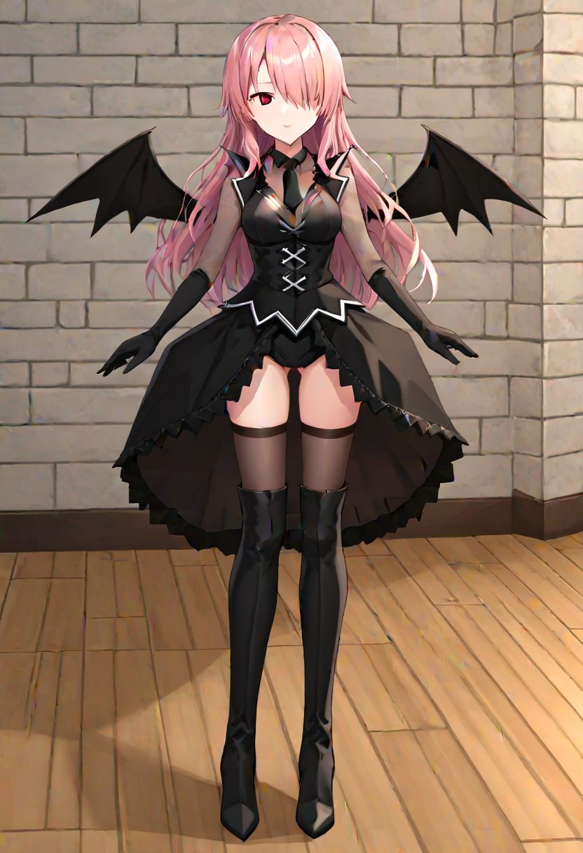 solo, 1girl, koakuma, succubus kristell, skirt, wings, necktie, vest, pink hair, parted bangs, hair over right eye, red eye, long hair, side bangs, black choker, black corset, black body stocking top, black low mini demon wings, black thigh high socks, black long boots, black front open skirt, zettai ryouiki, 
masterpiece, best quality, very aesthetic, absurdres, full_body, tachi-e,