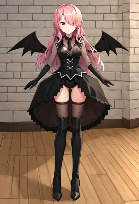 solo, 1girl, koakuma, succubus kristell, skirt, wings, necktie, vest, pink hair, parted bangs, hair over right eye, red eye, long hair, side bangs, black choker, black corset, black body stocking top, black low mini demon wings, black thigh high socks, black long boots, black front open skirt, zettai ryouiki,
masterpiece, best quality, very aesthetic, absurdres, full_body, tachi-e,