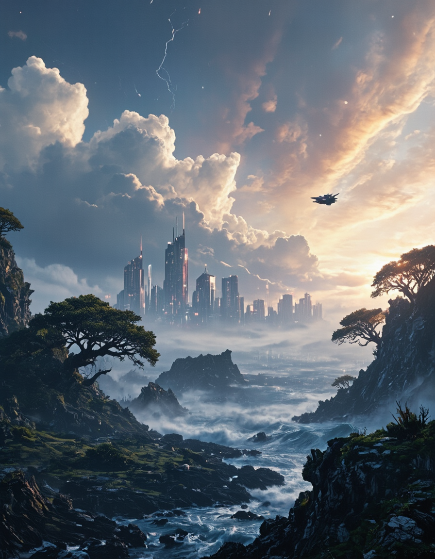 <lora:SW01v2-1flux:1>  EFFD02, imagination, cyberpunk city, epic world, sunset, SE12, rich detailed sky, clouds, T10, landscape, huge very high waves, epic scale, rocks, tortured trees, vegetation, moss, rough sea, blue, T1, white, dark blue, fantasy, blue, gold, T3, T7, bokeh, T4, spacecraft, storm, lightnings, wind, impressive,