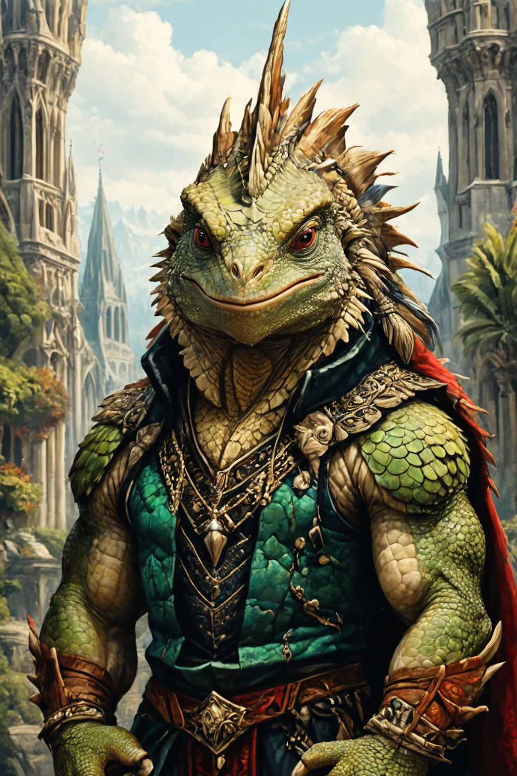 Detailed digital portrait of an anthro Iguana at a Elaborate cathedral with towering spires, <lora:xl_more_art-full_v1:0.5>,  <lora:The_Crazy_Style:0.7> <lora:anthro_muscular:0.7>