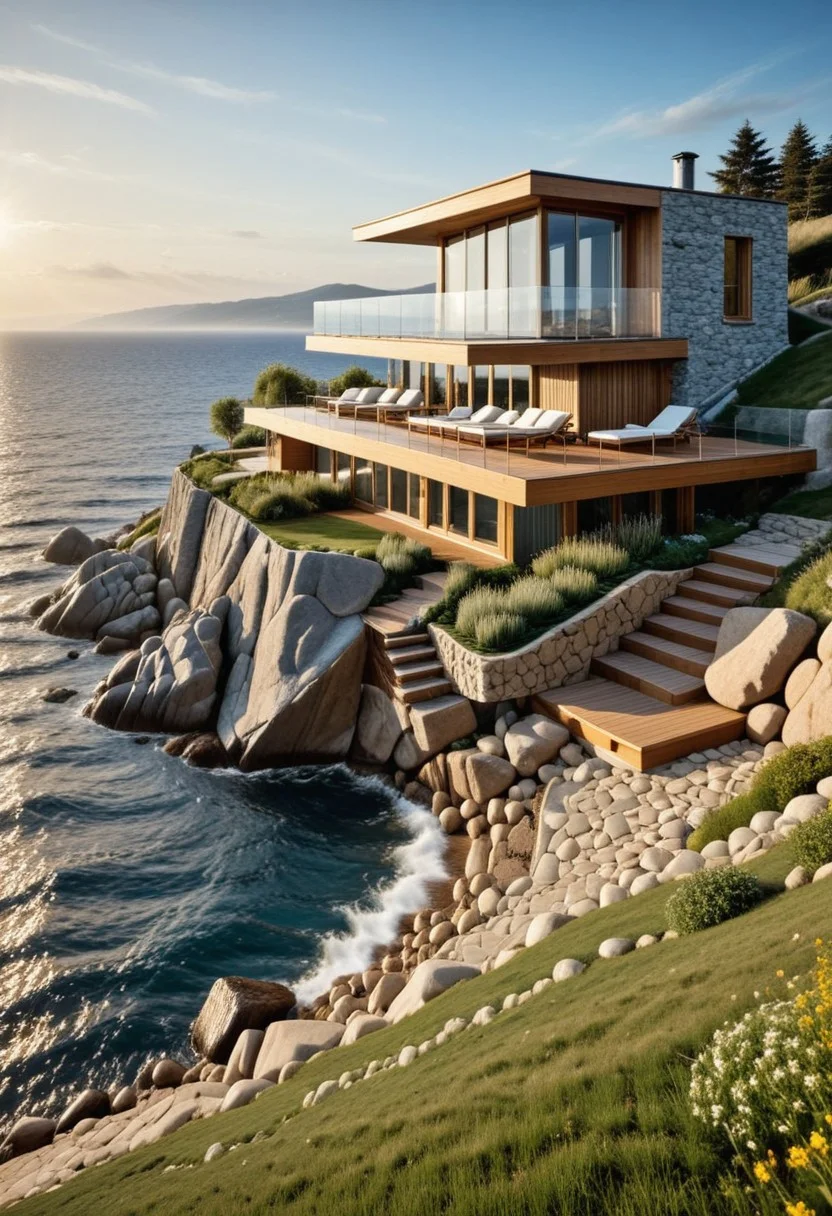ultra-realistic high-resolution image, perfect focus, correct anatomy and correct objects, architectural style of a house on a hill above the sea, waves splash in the rocks of stone and wood in a modern style, environmentally neutral, energy-powered by the sun and wind, the design to merge with nature, roof covered with grass, porch in front of the house, table chairs barbecue, sunset, thunder, cloudy