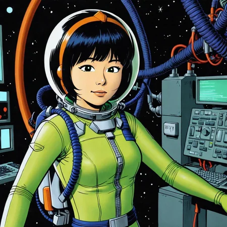 masterpiece, best quality, ultra_detailed, highres, absurdres, yoko tsuno <lora:yoko_tsuno-xl-v2-000014:0.55>, 1girl, short black hair, hairband, green space suit, green gloves, lama scuba helmet, solo, (light smile:0.36), (close up, portrait:1.25), looking at viewer, simple background, black background, graphic novels illustration, 1990s \(style\), traditional media, retro artstyle, futuristic, science fiction, (intricate details, extremely detailed:1.15), (ultrahigh resolution textures), (volumetric, cinematic) lighting, <lora:lama_scuba_helmet-xl-v2-000012:0.4>