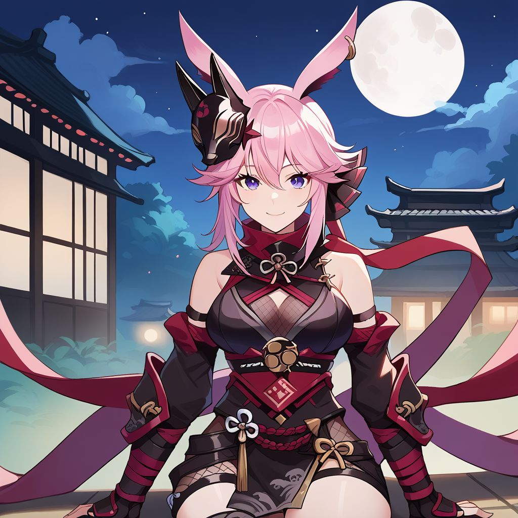 score_9, score_8_up, score_7_up,Captivating Eye Reflections,beautiful detailed eyes,lower eyelid,beautiful detailed face,BREAK ,source_anime,smile,Japanese style architecture,moon,night,sitting,Yae Gasumi,medium breast,ninja,pink hair,fox ears,purple eyes,1fox mask on the head,black japanese clothes,black japanese armor,bare shoulders,red scarf,cowboy shot,hold hands in front of face
