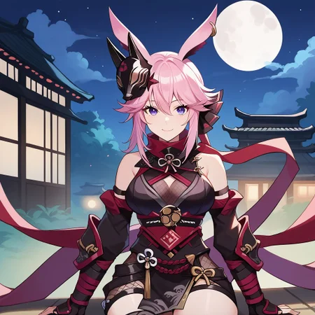 score_9, score_8_up, score_7_up,Captivating Eye Reflections,beautiful detailed eyes,lower eyelid,beautiful detailed face,BREAK ,source_anime,smile,Japanese style architecture,moon,night,sitting,Yae Gasumi,medium breast,ninja,pink hair,fox ears,purple eyes,1fox mask on the head,black japanese clothes,black japanese armor,bare shoulders,red scarf,cowboy shot,hold hands in front of face