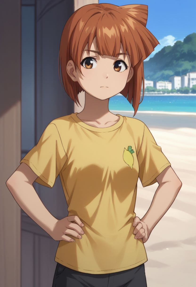 score_9, score_8_up, score_7_up, source_anime, 
eiko, 1girl, solo, shorts, short, hair, shirt, day side ponytail, yellow shirt, brown hair, bob cut, bangs, upper body, hands on hips,
outdoor,