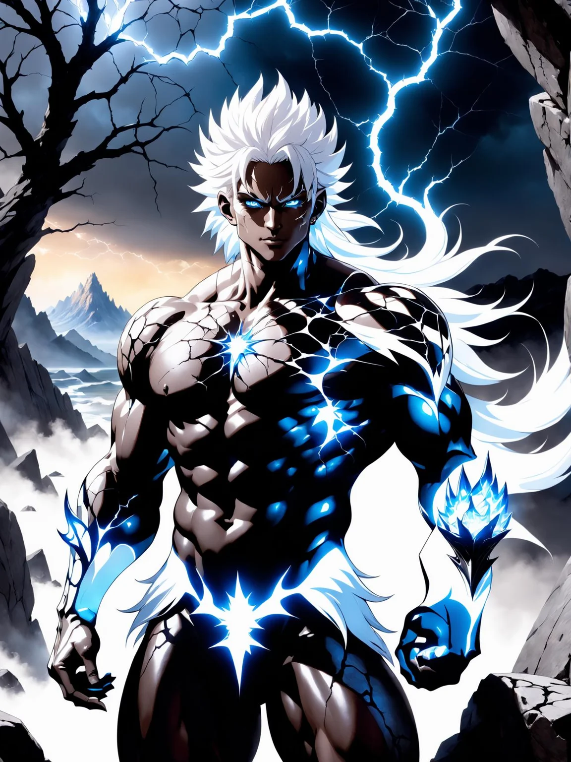 black humanoid made of rock, upper body, barechested, male, ((masterpiece, best quality)), ultra detail, glass skin, white electricity coming through cracks, muscular male, (dragonborn:0.6), white hair, outdoors, detailed background, (AnimeRage), (Cracked Skin:1.4), yamer style, <lora:xl_yamer_style-1.0:1>