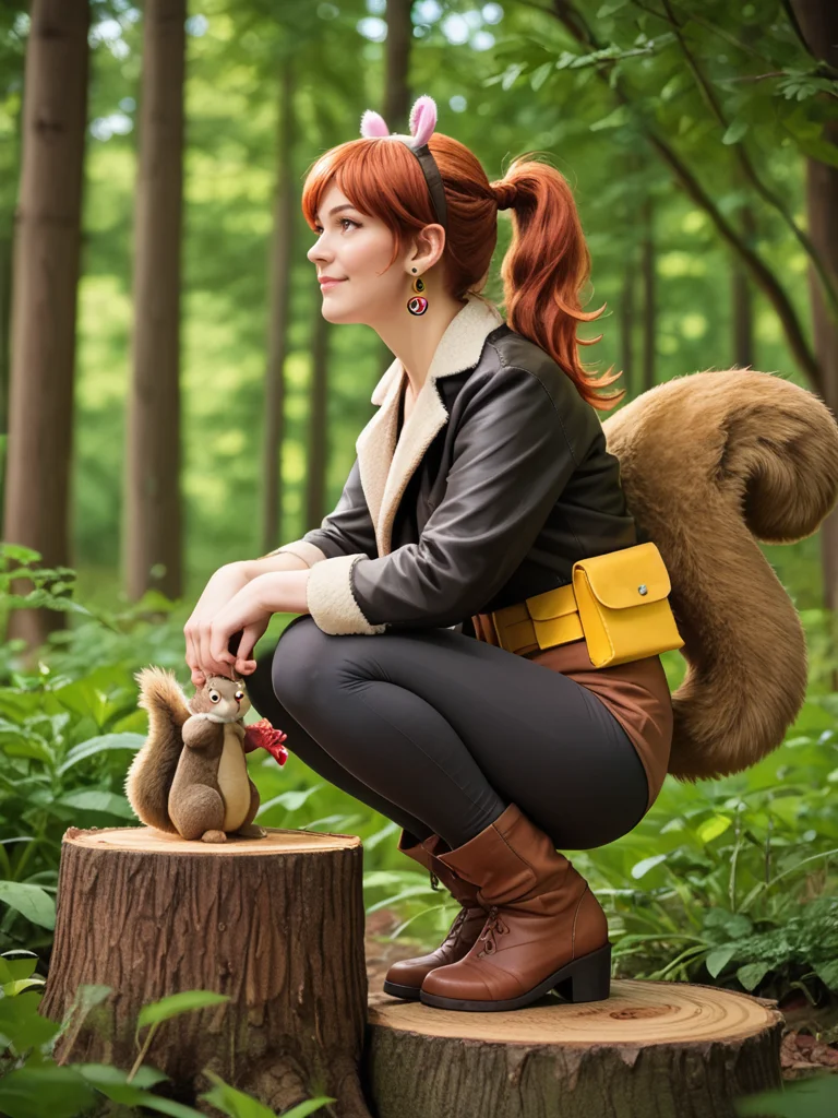 <lora:SQ-girl-Cosplay:1>squirrel girl, squirrel tail, squirrel ears, squirrel, squirrel, 1girl, animal ears, tree stump, jewelry, nature, outdoors, blurry, jacket, earrings, solo, pants, day, black jacket, brown footwear, red hair, forest, blurry background, squatting, ponytail, depth of field, tree, black pants, realistic, smile, long hair, fake animal ears, animal, shoes, blurry foreground, brown eyes, fur trim, boots, braid, closed mouth, pantyhose under shorts, stuffed animal, belt pouch, looking to the side, from sideâââ