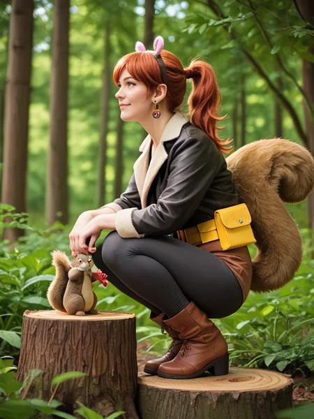 <lora:SQ-girl-Cosplay:1>squirrel girl, squirrel tail, squirrel ears, squirrel, squirrel, 1girl, animal ears, tree stump, jewelry, nature, outdoors, blurry, jacket, earrings, solo, pants, day, black jacket, brown footwear, red hair, forest, blurry background, squatting, ponytail, depth of field, tree, black pants, realistic, smile, long hair, fake animal ears, animal, shoes, blurry foreground, brown eyes, fur trim, boots, braid, closed mouth, pantyhose under shorts, stuffed animal, belt pouch, looking to the side, from sideâââ