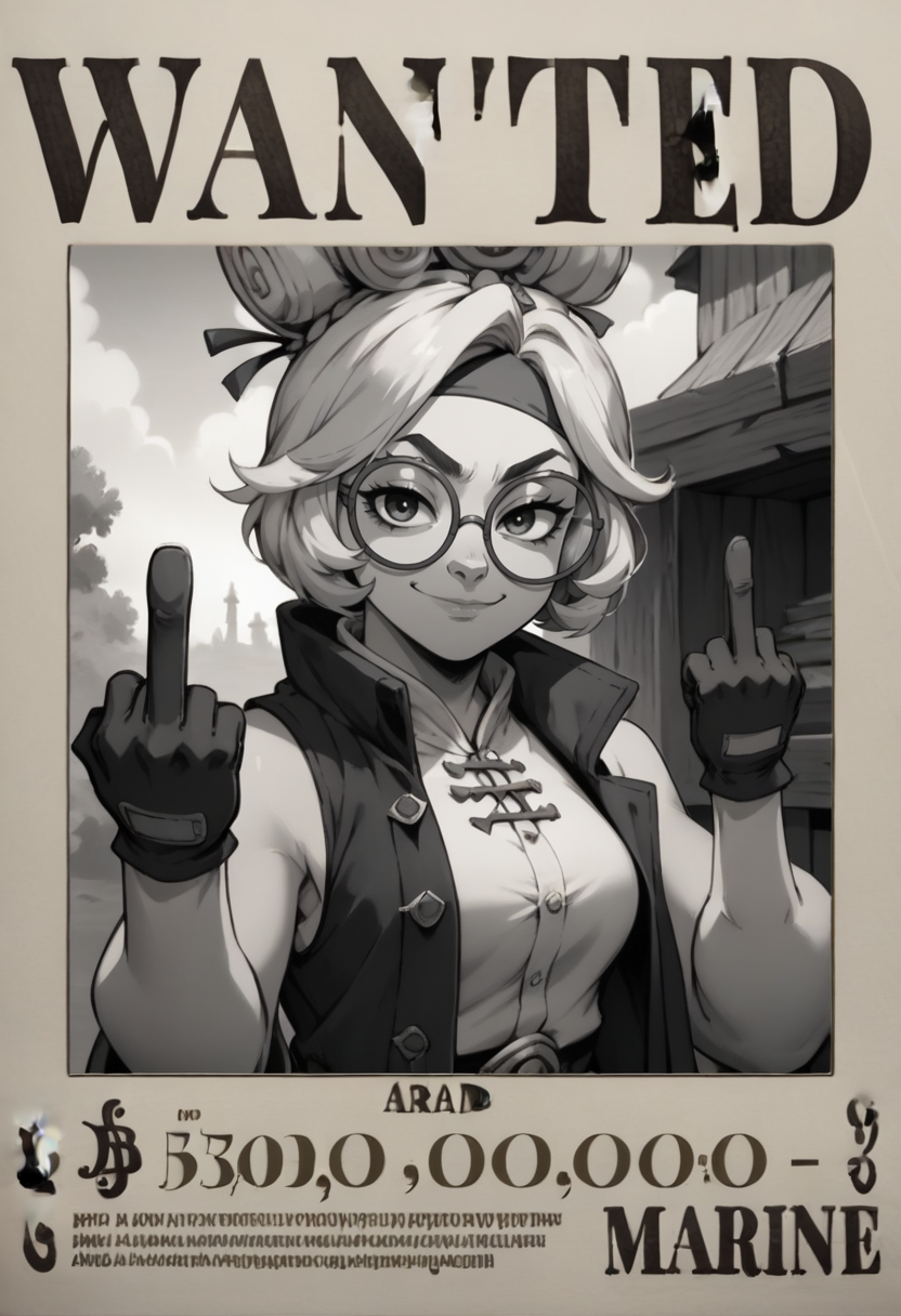 score_9, score_8_up, score_7_up, wanted, poster, character name, cover, <lora:WantedPoster_pdxl_Incrs_v1:1.1>, english text, <lora:purah-pdxl-nvwls-v1:0.7> purah, hair ornament, headband, glasses, sleeveless shirt, coat, gloves, smirk, middle finger, monochrome,