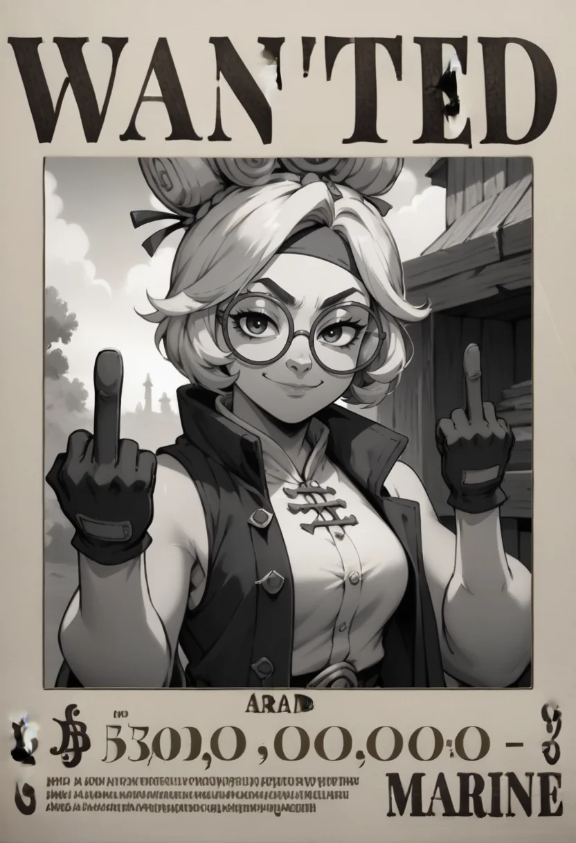 score_9, score_8_up, score_7_up, wanted, poster, character name, cover, <lora:WantedPoster_pdxl_Incrs_v1:1.1>, english text, <lora:purah-pdxl-nvwls-v1:0.7> purah, hair ornament, headband, glasses, sleeveless shirt, coat, gloves, smirk, middle finger, monochrome,