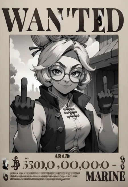 score_9, score_8_up, score_7_up, wanted, poster, character name, cover, <lora:WantedPoster_pdxl_Incrs_v1:1.1>, english text, <lora:purah-pdxl-nvwls-v1:0.7> purah, hair ornament, headband, glasses, sleeveless shirt, coat, gloves, smirk, middle finger, monochrome,