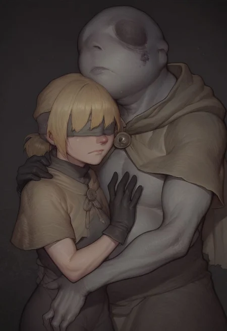 score_9, score_8_up, score_7_up, 1girl, blonde hair, short ponytail, bangs, grey blindfold, covered eyes, yellow cloak, black gloves, hide capelet, embracing, er_frogman, monster