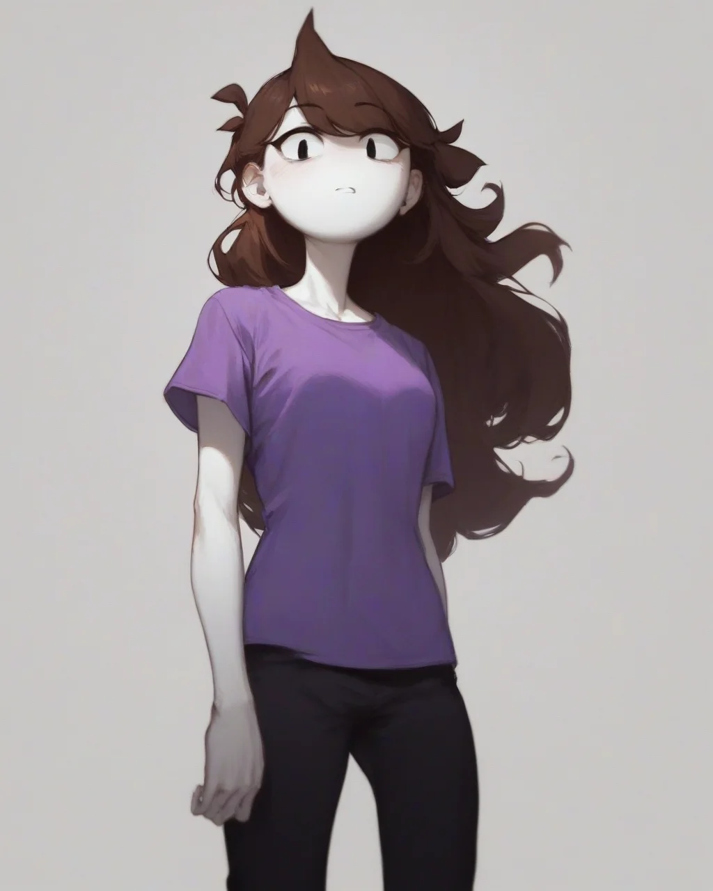 score_9, score_8_up, rating safe, 1girl, female, solo, standing, jaiden animations, purple shirt, black pants, brown hair, long hair, white skin, <lora:ponydiffusionv6_jaidenanimationsv3:1>