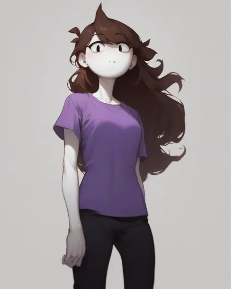 score_9, score_8_up, rating safe, 1girl, female, solo, standing, jaiden animations, purple shirt, black pants, brown hair, long hair, white skin, <lora:ponydiffusionv6_jaidenanimationsv3:1>