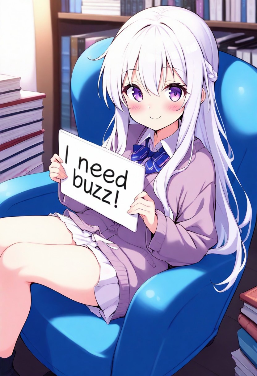 score_9, score_8_up, score_7_up, masterpiece, best quality, amazing quality, masterpiece, best quality,1girl, white hair, long hair, purple eyes, cardigan, holding sign saying "need buzz", sitting in chair, plush chair, books in background, book stacks, soft smile, happy smile,