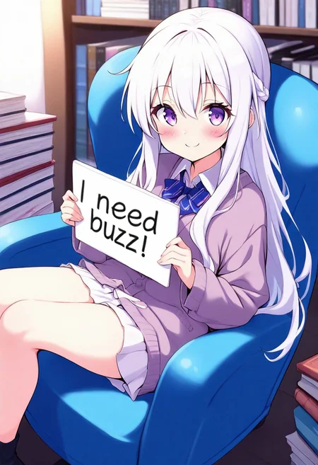 score_9, score_8_up, score_7_up, masterpiece, best quality, amazing quality, masterpiece, best quality,1girl, white hair, long hair, purple eyes, cardigan, holding sign saying "need buzz", sitting in chair, plush chair, books in background, book stacks, soft smile, happy smile,