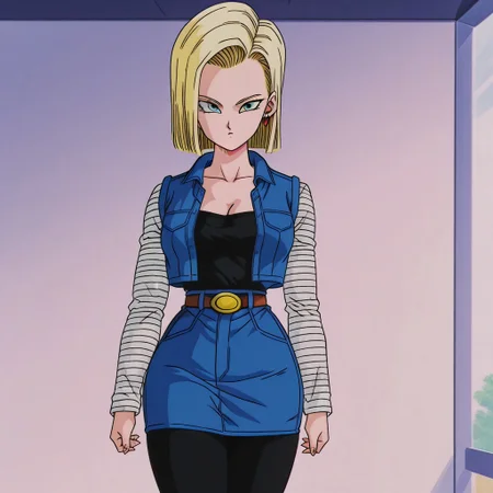 dbstyle, screencap, best quality, android_18, blonde hair, 1girl, solo, blue eyes, , blonde hair, shirt, blue eyes, belt, black leggings, cleavage, collarbone, denim, denim skirt, high-waist skirt, jewelry, long sleeves, pocket, shirt, shirt tucked in, skirt, striped, striped sleeves, blue denim waistcoat, thick thighs, wide hips,
standing, looking at viewer,