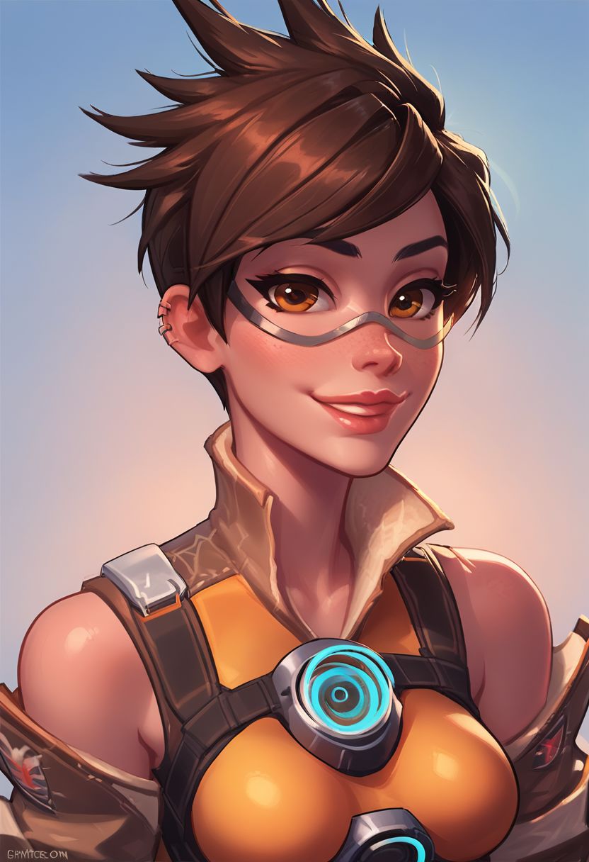 score_9, score_8_up, score_7_up, score_6_up, tracer, turning to face viewer, head tilt, 1 girl, seductive smile, looking at viewer, sexy revealing outfit, kinky, adorable, petite, side view, looking at viewer, round face, 18 years old, cutest girl in the world