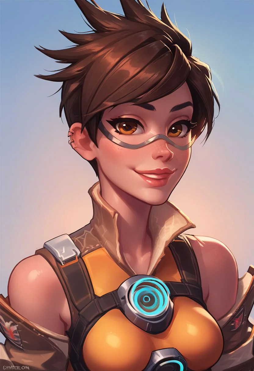 score_9, score_8_up, score_7_up, score_6_up, tracer, turning to face viewer, head tilt, 1 girl, seductive smile, looking at viewer, sexy revealing outfit, kinky, adorable, petite, side view, looking at viewer, round face, 18 years old, cutest girl in the world