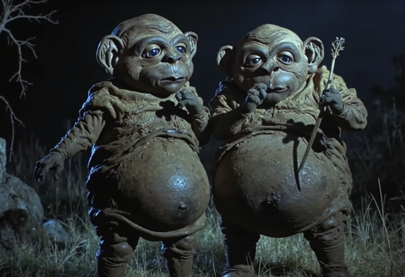 Dark Fantasy Art, an image where fat Nukie the knockoff alien and a really fat clone are morbidly obese, hanging out huffing jenkem, dark, moody, dark fantasy style