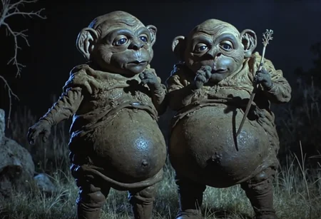 Dark Fantasy Art, an image where fat Nukie the knockoff alien and a really fat clone are morbidly obese, hanging out huffing jenkem, dark, moody, dark fantasy style
