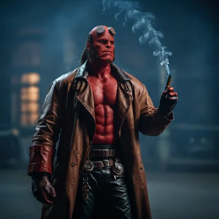 a red man with a leather jacket and a pant having smoking a cigar, steampunk city background <lora:Hellboy1024:0.8>