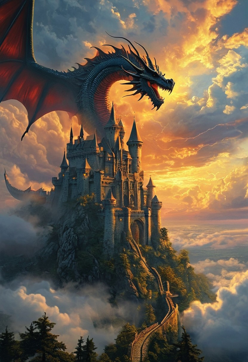 score_9, score_8_up, score_8_up, ng_deepnegative_v1_75t, photo, realistic, cloud castle, dragon flying, mysterious, sunset, cloudy, lightning