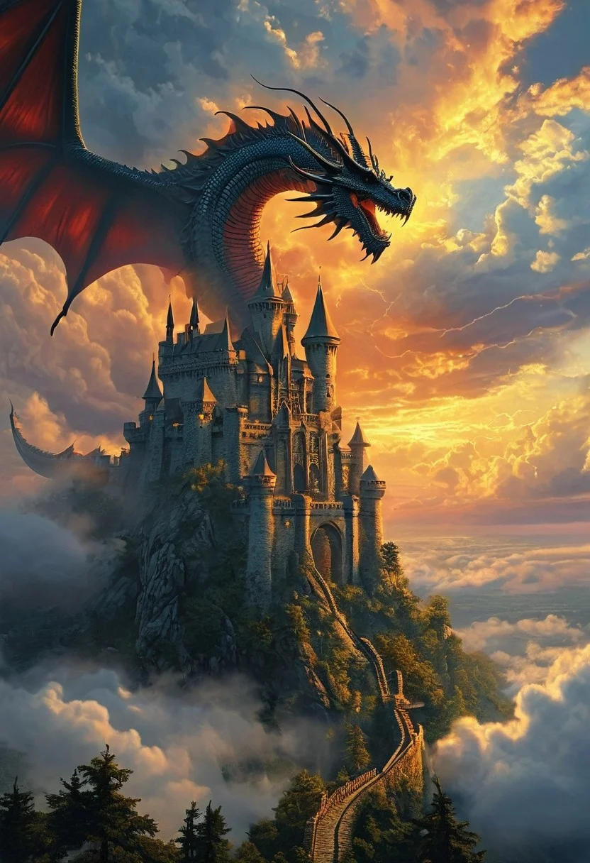score_9, score_8_up, score_8_up, ng_deepnegative_v1_75t, photo, realistic, cloud castle, dragon flying, mysterious, sunset, cloudy, lightning