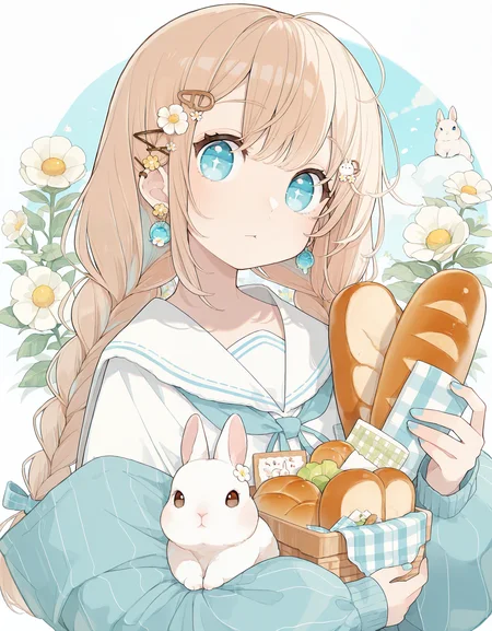 masterpiece, best quality, newest, highres, absurdres,<lora:Chon_style:1>,1girl, hair ornament, flower, braid, food, long hair, holding, rabbit, bangs, solo, long sleeves, looking at viewer, sailor collar, blue eyes, jewelry, earrings, upper body, hairclip, bread, twin braids